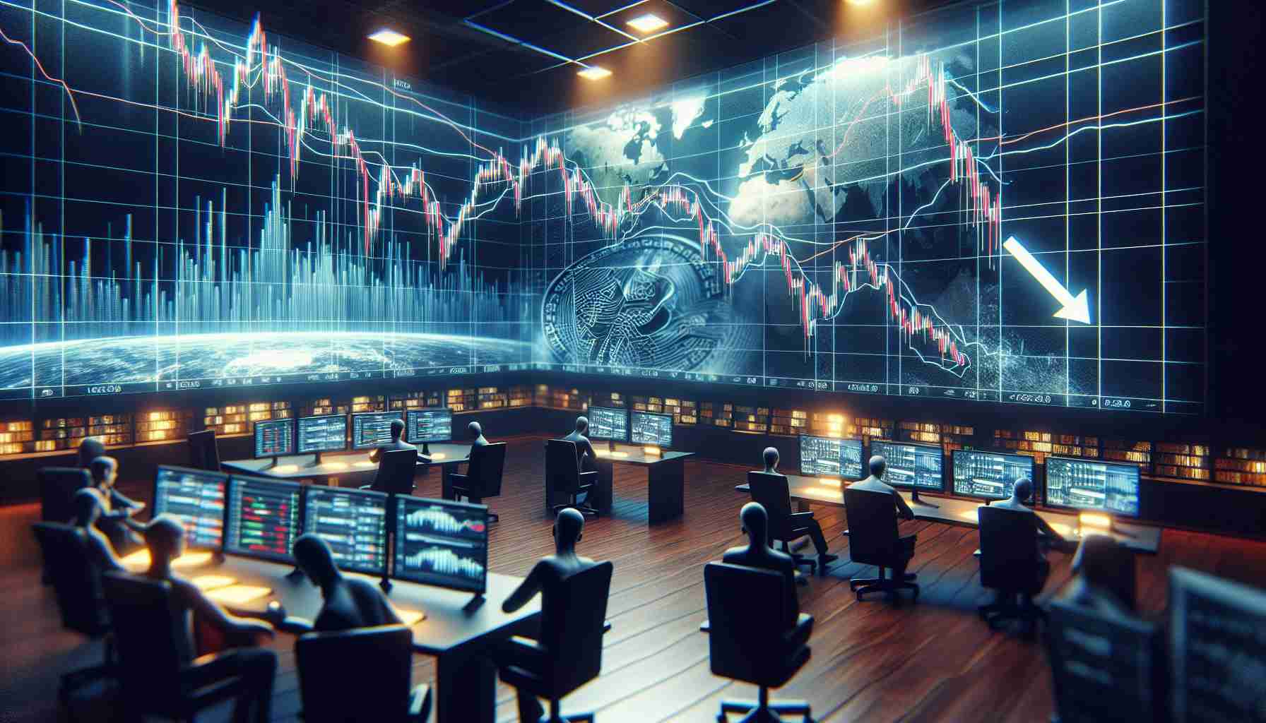 A high-definition, realistic image showing the downward trend in the cryptocurrency market. The scene should clearly indicate the falling of Bitcoin's price, and the altcoins following suit. There are various screens displaying charts with dropping lines that represent the decline in crypto values. The atmosphere is quite tense as traders monitor the sinking trends with concern.