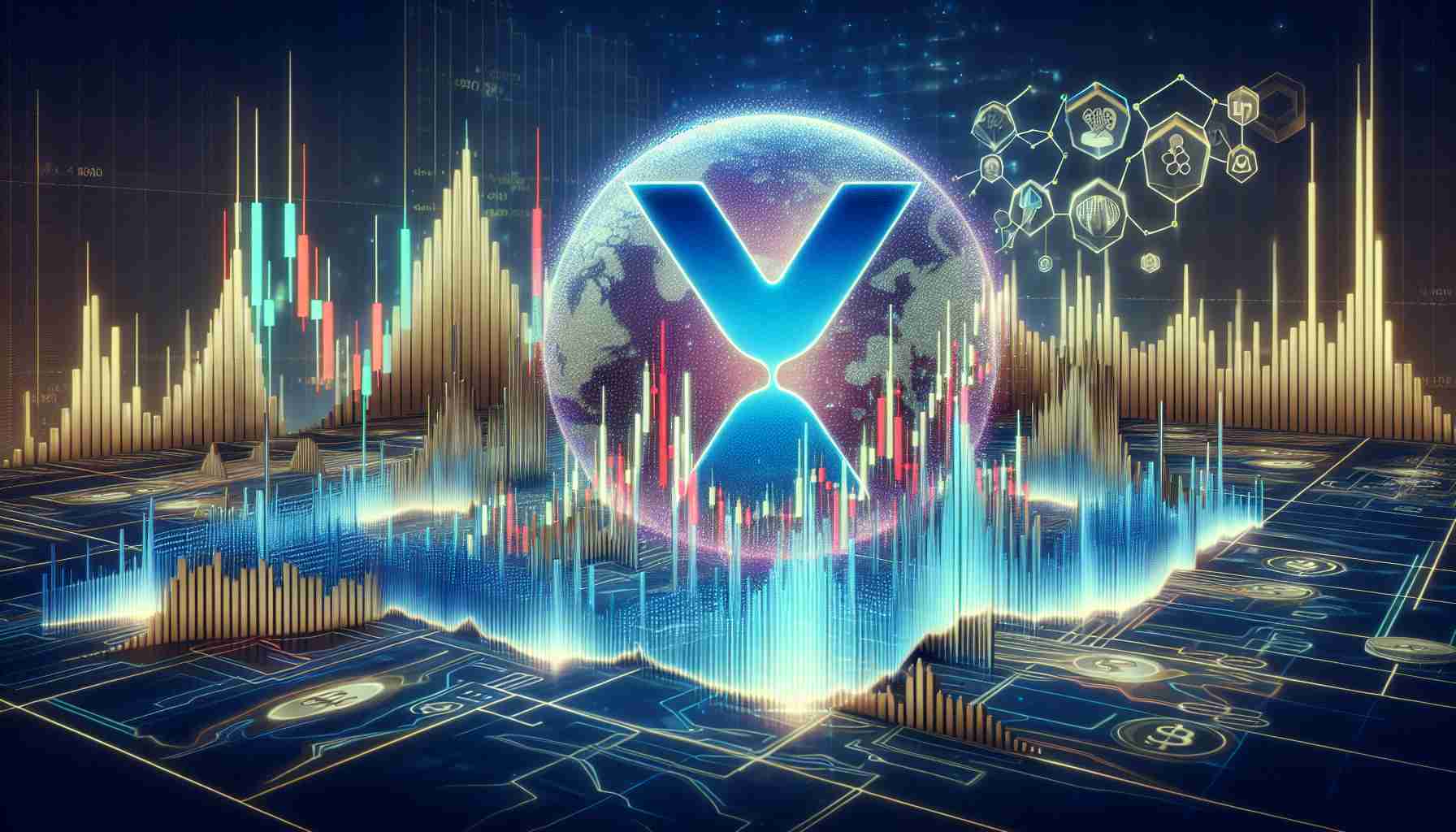 An HD visual representation of XRP's future price peaks, based on strategic market projections. This image should show a comprehensive analysis of the cryptocurrency's potential future value, reflecting the peaks and valleys of its price. It might involve usage of graphs and charts exhibiting trend lines, trading volumes, and other essential technical analysis indicators.