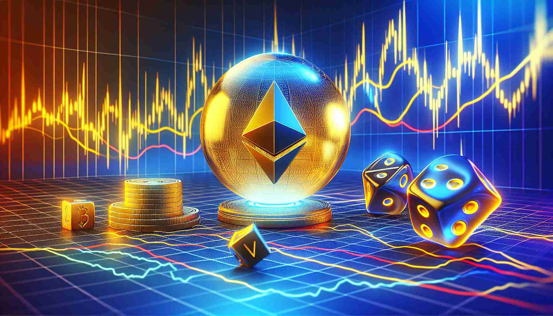 Generate a 3D representation of the concept of 'Ethereum Exchange Traded Funds' stirring market speculation. The scene should depict an abstract Ethereum logo, golden in color, overlaid on a fluctuating line graph in vivid blues and reds to indicate market volatility. In the foreground, include symbols of speculation, such as rolling dice or a crystal ball. The image should be realistic, highly-detailed and give the impression of high-definition quality.