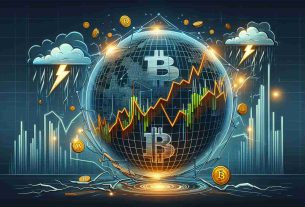 An illustrative visualization of the Bitcoin market position looking fragile, hinting towards a potential dip to a $52,000 value. This image includes chart trends with significant volatility, an overlaid Bitcoin logo, and ominous elements such as storm clouds and thunderbolts to represent the analyst warnings about the potential market dip.