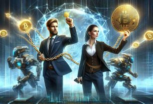 Realistic High Definition/HD photo of emerging influential figures in the cryptocurrency industry, representing two innovative blockchain technologies, coined 'Injective Blockchain' and 'DTX Exchange'. However, instead of depicting specific real people, imagine these entities being personified. For Injective Blockchain, visualize a male character in a modern suit holding a chain made of interconnected blocks, symbolizing blockchain technology. For DTX Exchange, imagine a female character dressed in business attire flipping a shiny gold coin labeled 'DTX', symbolizing cryptocurrency exchange. The backdrop should indicate a futuristic, digitally connected world.