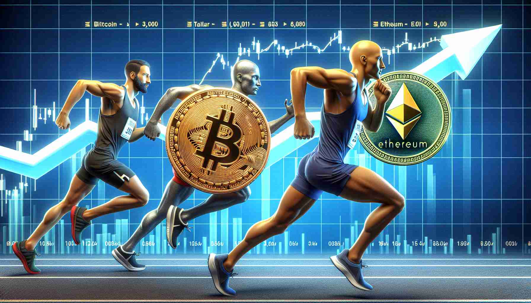 Realistic high-definition image of a symbolic representation of Bitcoin and Ethereum, personified as marathon runners mid-race, with Stellar figuratively represented as their determined pace. The crypto runners are set against a backdrop depicting a chart with ascending annual returns, signifying their race towards better performance.