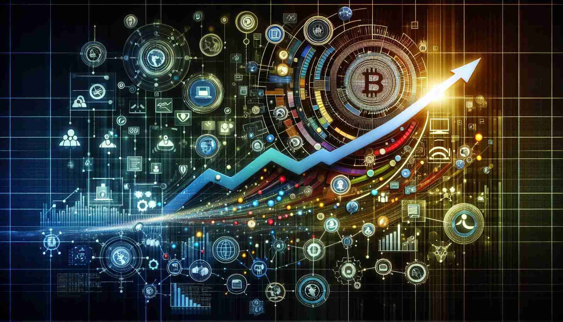 A highly realistic high-definition image of a conceptual representation of Worldcoin's upward trajectory, as indicated by abstract symbols of technical and social metrics. The image could display a stylized Worldcoin logo on a graph with a rising line, surrounded by various icons symbolizing technical elements like coding, data analysis, and servers, along with symbols for social elements such as dialogs, communities, and global connections. The colors should mainly represent themes of data processing and social networking. The overall design should convey a sense of rapid progression and digital advancement.