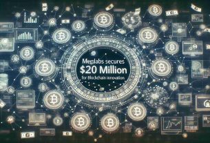 An intricate, high-definition photo illustrates the text 'MegaLabs secures $20 million for Blockchain Innovation'. The phrase appears prominently in the forefront. The background contains typical icons and symbols of finance and technology, such as charts and graphs, computational elements, and blockchain nodes interconnected. Money symbols also float subtly in the atmosphere, probably signifying the large amount secured for the innovation.