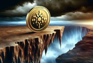 A realistic, high-definition image portraying the metaphorical struggle of the cryptocurrency Cardano. The visual representation shows a polished, golden coin etched with the Cardano symbol, precariously balanced on the edge of a cliff, overlooking a sharp, ominous chasm. The coin appears to be on the verge of slipping further, indicating its depreciating value. The backdrop is a dramatic twilight sky filled with stormy clouds, representing uncertainty and turbulence. The image captures the volatile nature of the crypto market.