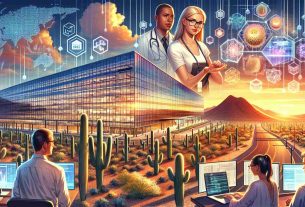 Generate a high definition, realistic image representing Arizona as a leading hotspot for blockchain and Web3 innovation. Picture a desert landscape with bountiful saguaro cacti and a radiant sunset in the background, juxtaposed against modern glass-front tech buildings. Expansive screens along the structures display vivid graphics denoting blockchain networks and Web3 interfaces. Also capture a diverse mix of engrossed individuals; a Hispanic female inspector conducting audits, a Middle-Eastern male software engineer coding on his laptop, and a Black woman enthusiastically presenting a blockchain solution to a South Asian man.