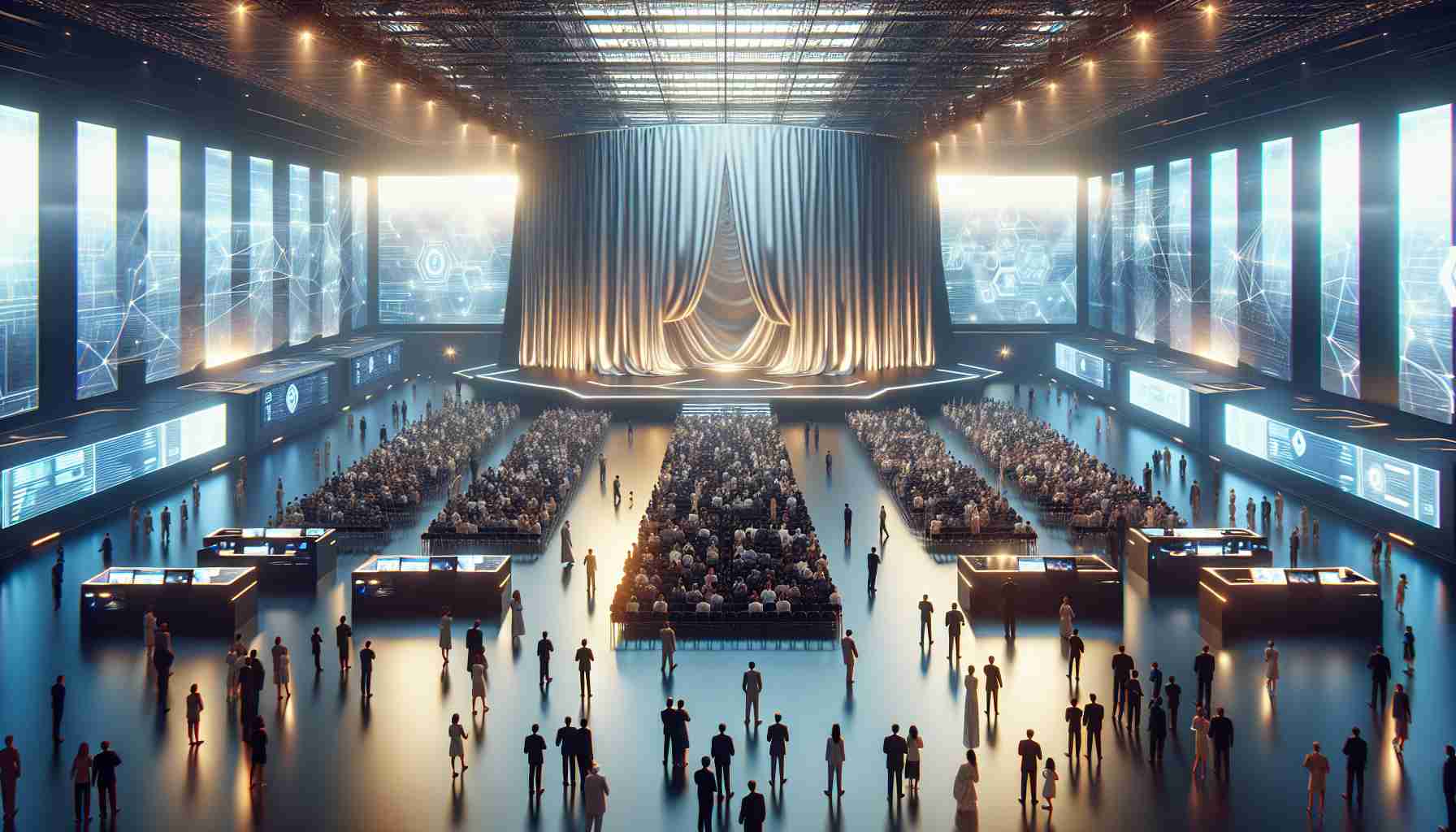 Realistic high-definition image of a grand event set in the summer of 2024, celebrating the unveiling of a premier contest focused on blockchain innovation. Picture a spacious futuristic hall filled with excited attendees of diverse genders, ages, and descents including Caucasian and Middle-Eastern. Tech booths line the sides of the hall, each showcasing cutting-edge blockchain technologies. The stage is lit, and on it is a large, draped object presumptively the winning invention, waiting for its grand reveal.