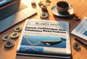 Create a realistic, high-definition image of a newspaper article with the headline 'Experts Caution Against Overvaluing Bitcoin Whale Transactions for Market Predictions'. The article is on a business desk, surrounded by a few bitcoin tokens, an open laptop displaying a bitcoin transaction graph, and a cup of coffee. The morning sunlight is streaming through a nearby window casting a warm glow on the desk.