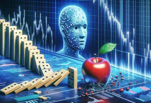 A highly detailed illustration presenting a symbolic representation of an event related to technology (symbolized by an apple) leading to a downturn in a market associated with artificial intelligence and cryptocurrency. The scene could depict an apple falling, causing domino-like ripples through charts and graphs representing the AI and cryptocurrency market.