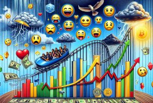 Generate a high-definition, realistic image that depicts the fluctuating sentiment in the market for a popular fictitious cryptocurrency known as Notcoin. Capture elements that indicate uncertainty and constant change, such as mood faces showing various emotions (like joy, fear, skepticism), bar charts and line graphs with varying heights and lengths, arrows pointing up and down, and a roller coaster ride. Also, include symbolic elements such as stormy and sunny weather, to represent the unpredictability of the market.