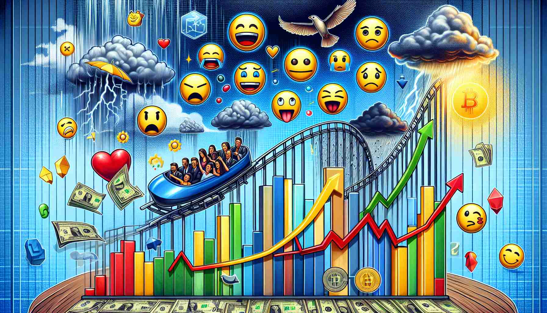 Generate a high-definition, realistic image that depicts the fluctuating sentiment in the market for a popular fictitious cryptocurrency known as Notcoin. Capture elements that indicate uncertainty and constant change, such as mood faces showing various emotions (like joy, fear, skepticism), bar charts and line graphs with varying heights and lengths, arrows pointing up and down, and a roller coaster ride. Also, include symbolic elements such as stormy and sunny weather, to represent the unpredictability of the market.