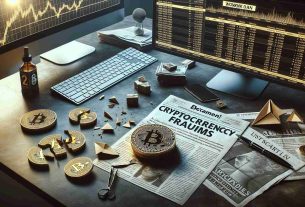 Realistic high-definition photo of various elements symbolizing cryptocurrency frauds and misinformation. It should include a broken coin signifying a scamming operation, newspapers with bold headlines about fraudulent schemes, a computer screen displaying graphs that misrepresent data and values, and a calendar showing a weekend day. Please create an atmosphere of gloom and uncertainty, using a mostly monochrome color palette with hints of gold for the coin elements.