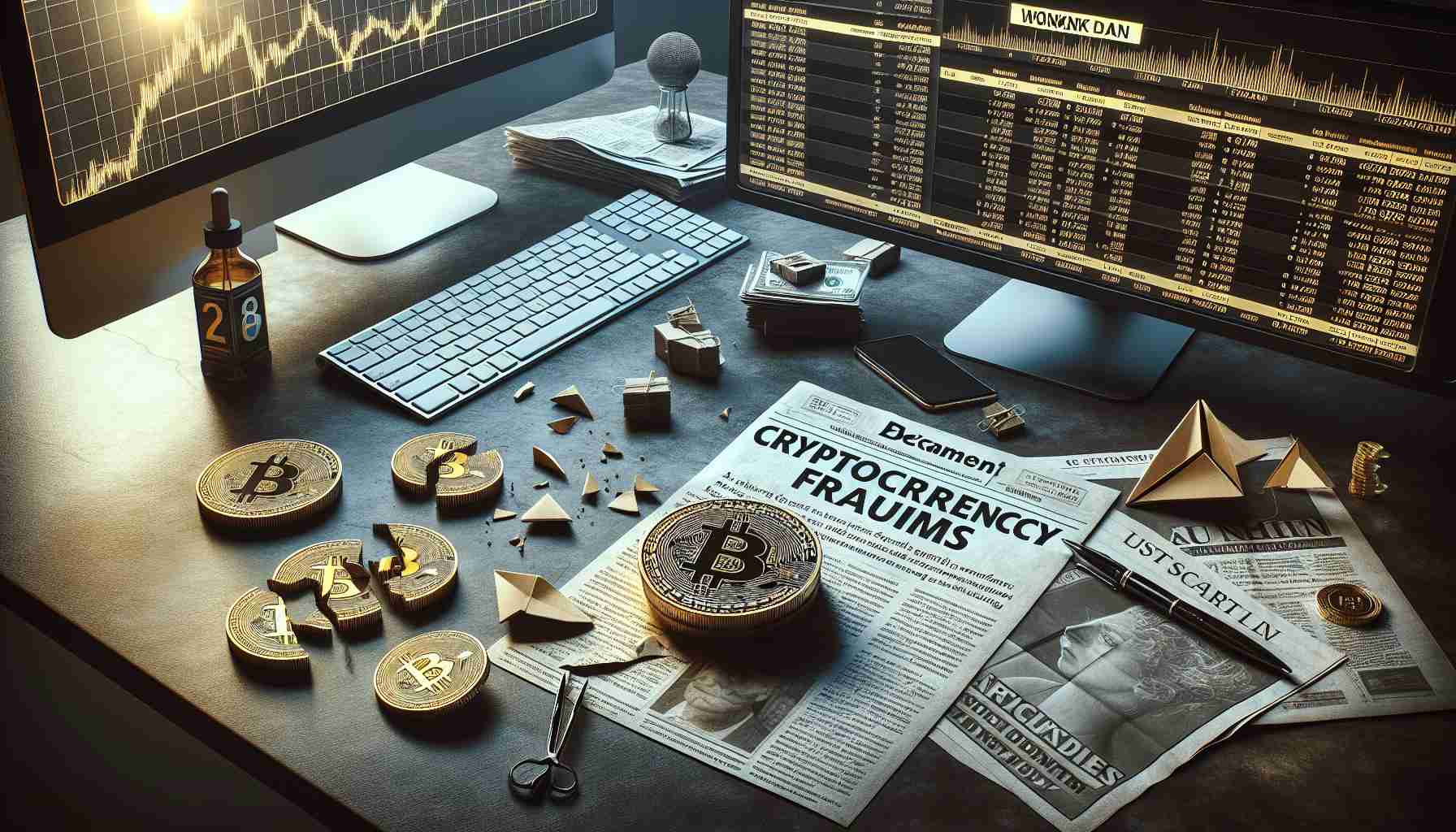 Realistic high-definition photo of various elements symbolizing cryptocurrency frauds and misinformation. It should include a broken coin signifying a scamming operation, newspapers with bold headlines about fraudulent schemes, a computer screen displaying graphs that misrepresent data and values, and a calendar showing a weekend day. Please create an atmosphere of gloom and uncertainty, using a mostly monochrome color palette with hints of gold for the coin elements.