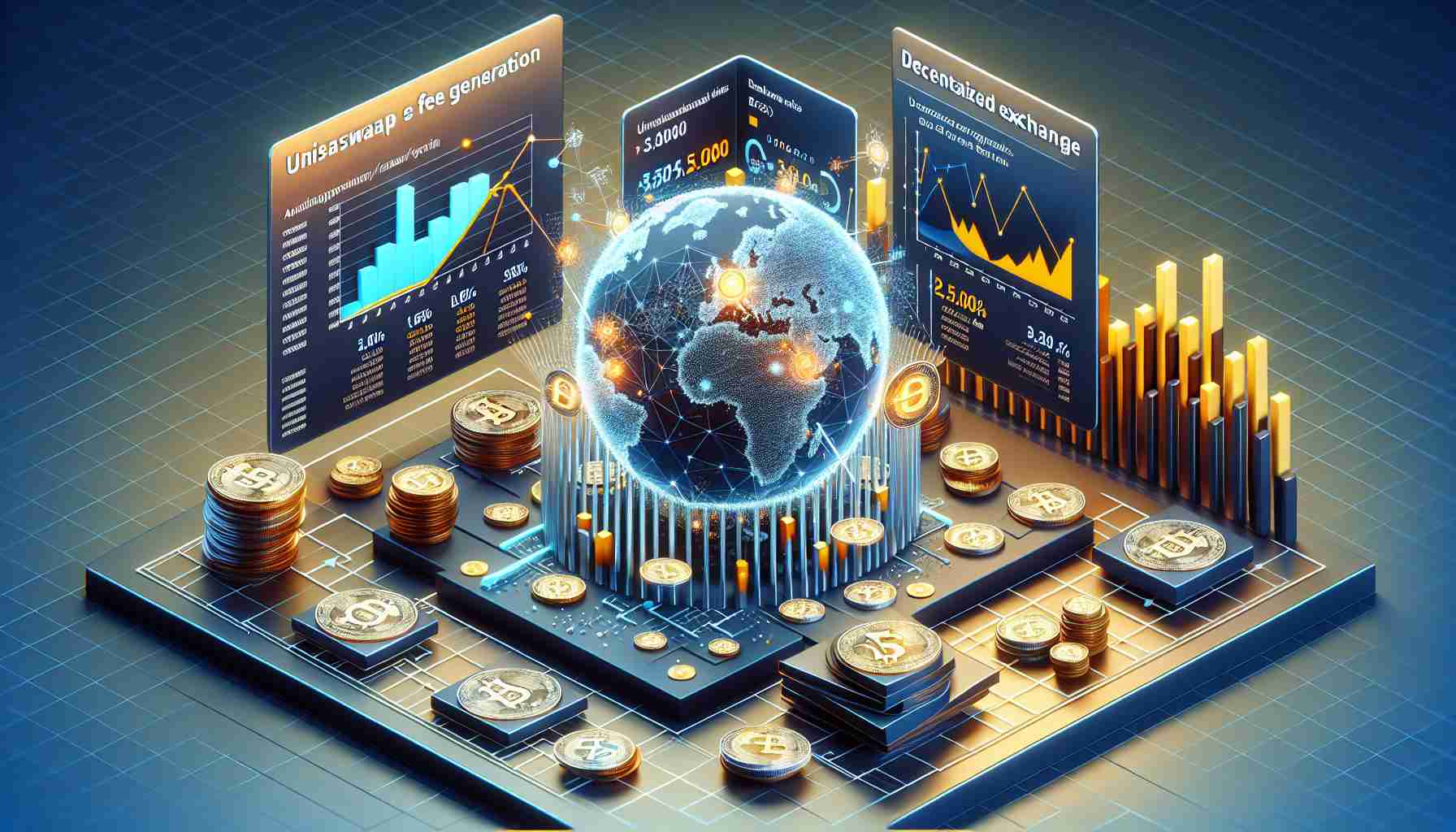 Generate a realistic, high-definition image showcasing the concept of Uniswap dominating decentralized exchange fee generation, based on a recent analysis. Depict a visualization of analytics results, bar charts or pie charts illustrating Uniswap's significant share compared to other exchanges. Also, include the concept of blockchain and decentralized exchanges to represent the context.