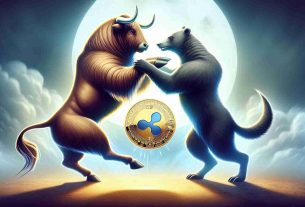 Create a metaphorical and realistic high-definition image capturing the behavior of the cryptocurrency XRP as an intricate, tentative dance between bulls and bears. Show both a bull and bear engaged in a tango, with each trying to assert dominance. Symbolize XRP as a glowing coin caught in the flux of their dance, representing the fluctuations in its market value.