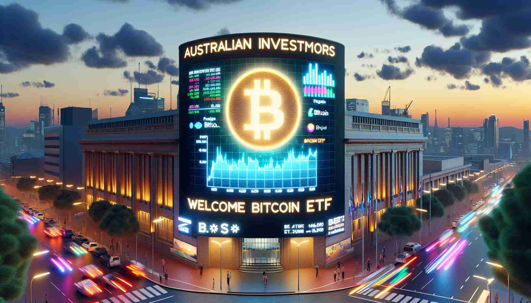 Create a hyper-realistic image of the Australian stock exchange building with a large electronic billboard displaying the message 'Australian Investors Welcome Bitcoin ETF'. The words should be glowing brightly in neon colors against the backdrop of the evening sky. Make sure to include financial graphs and bitcoin logos on the billboard. The surrounding environment should depict an atmosphere of positivity and anticipation among local investors.