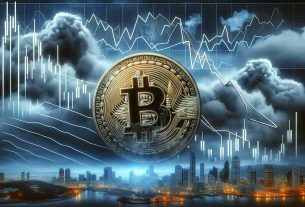 Digital image of a Bitcoin coin with a distressed look symbolizing a decline, set against a backdrop of an abstract representation of a chart displaying economic data. Additionally, include thick clouds hanging low over the scene, suggesting anticipation and tension.