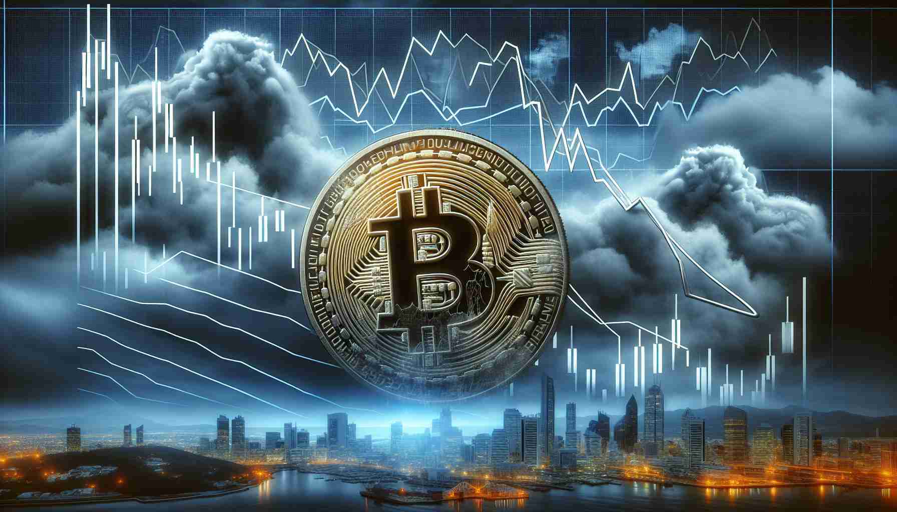 Digital image of a Bitcoin coin with a distressed look symbolizing a decline, set against a backdrop of an abstract representation of a chart displaying economic data. Additionally, include thick clouds hanging low over the scene, suggesting anticipation and tension.