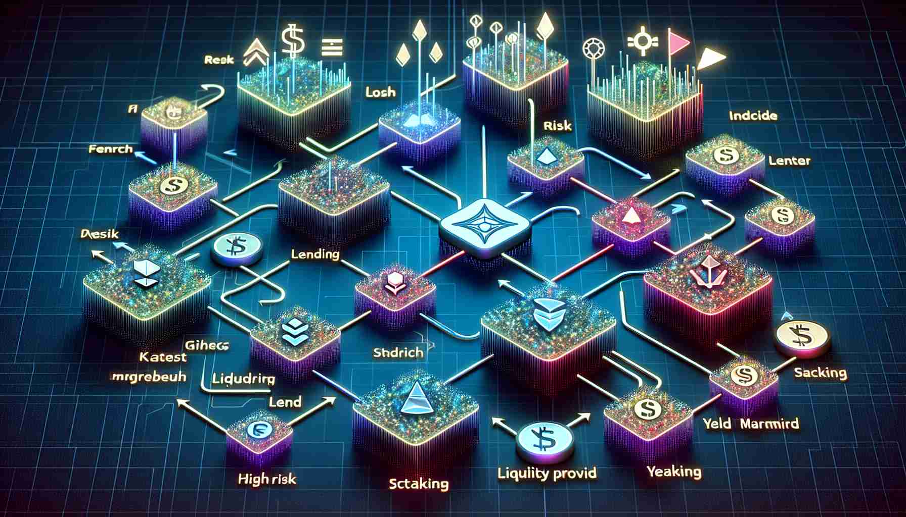 A high-quality, realistic representation of optimal decentralized finance (DeFi) strategies for maximizing yield. The image may include various abstract and symbolic elements to represent different aspects of DeFi strategies, such as high-risk, low-risk, lending, liquidity provision, staking, yield farming, and more. It could feature flowcharts, arrows, and shapes that illustrate the connections and pathways between these elements in a visually appealing and comprehensive manner. Also, consider using different colors to differentiate between the various strategies.