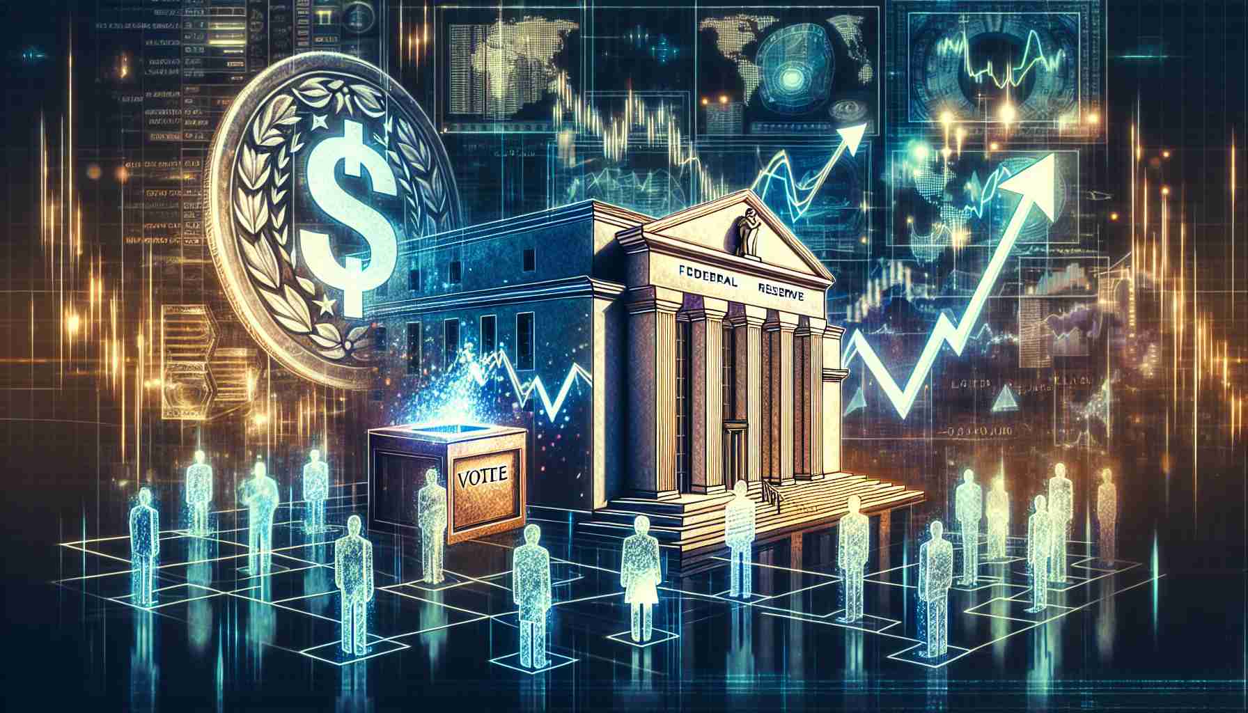 An intricate, high-definition image encapsulating the study and exploration of the interconnection between the Federal Reserve, political elections, and cryptocurrency markets. There are symbolic representations: a traditional central banking building with a big dollar symbol carved out at the entrance, translucent figures casting votes in a ballot box, and a digital board glowing with cryptocurrency icons and fluctuating line graphs. Further, the image reflects an ambiance of analysis and deciphering, perhaps with elements such as charts, diagrams, and reports scattered around the scene.