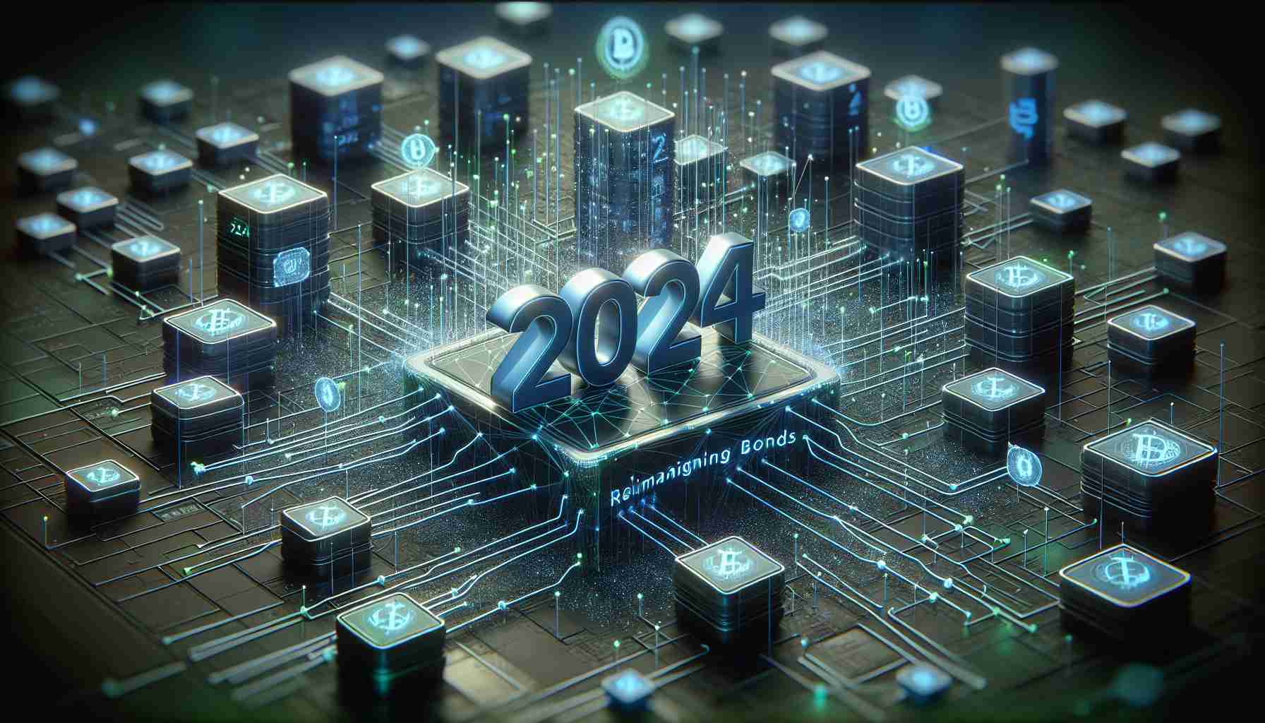 A highly detailed realistic image presenting a futuristic concept for 2024: 'Reimagining Bonds'. It visualizes the rise of tokenized treasury assets in a high definition format. An intricate network of digital nodes represents these financial tokens, embedded within virtual bonds that crisscross the image in varying hues of blue and green. Noteworthy is a large 3D number '2024', standing out prominently. The background subtly suggests the transformation of traditional financial instruments into a modern, digital blockchain-based platform. The overall tone is optimistic, emphasizing the efficient and innovative change in the financial landscape.