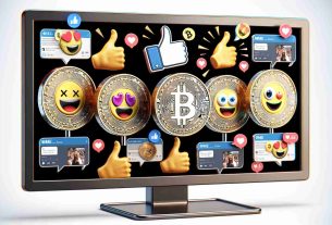 High-definition and realistic image of five animated coins representing various digital currencies, coined as 'Meme Coins'. Each coin should display a unique emblem distinctive to that currency. Around these coins, digitally represent enthusiastic online communities where people are actively discussing and celebrating these currencies, evident through emojis, likes, thumbs up and digital claps. Display the depiction on a computer screen to reflect the online aspect.