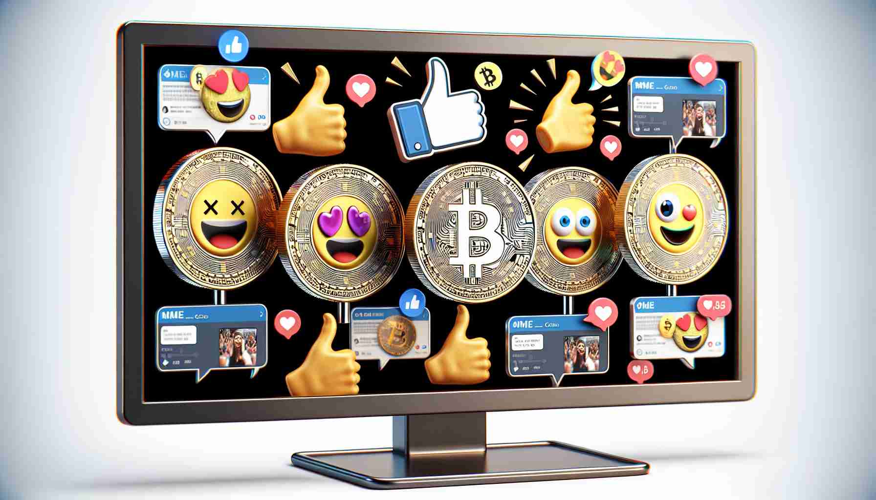 High-definition and realistic image of five animated coins representing various digital currencies, coined as 'Meme Coins'. Each coin should display a unique emblem distinctive to that currency. Around these coins, digitally represent enthusiastic online communities where people are actively discussing and celebrating these currencies, evident through emojis, likes, thumbs up and digital claps. Display the depiction on a computer screen to reflect the online aspect.