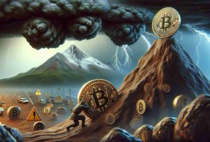 A high definition, realistic image illustrating the concept of the Bitcoin cryptocurrency undergoing difficulties, represented through symbolic elements, against the backdrop of an anticipated repayment plan. The scene could show a metaphorical mountain, symbolizing the 'Mt. Gax' event, with a coin imprinted with the Bitcoin logo struggling to climb it, displaying the challenge. Anxiety and anticipation are reflected in the surrounding environment with dark clouds and forming storm symbols of uncertainty.