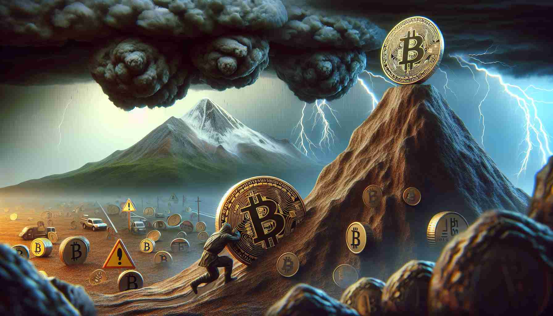 A high definition, realistic image illustrating the concept of the Bitcoin cryptocurrency undergoing difficulties, represented through symbolic elements, against the backdrop of an anticipated repayment plan. The scene could show a metaphorical mountain, symbolizing the 'Mt. Gax' event, with a coin imprinted with the Bitcoin logo struggling to climb it, displaying the challenge. Anxiety and anticipation are reflected in the surrounding environment with dark clouds and forming storm symbols of uncertainty.