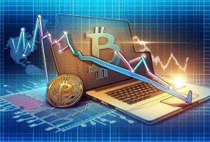 Generate a detailed high-definition illustration that visualizes the curious phenomenon of Bitcoin's transaction surge contrasted with a decline in different addresses. Please depict a rising line graph to represent the surge in transactions, while a slightly fading or descending line graph on the same chart represents declining addresses. The chart should be in front of a backdrop symbolizing digital currency, such as a Bitcoin logo subtly incorporated into the background.