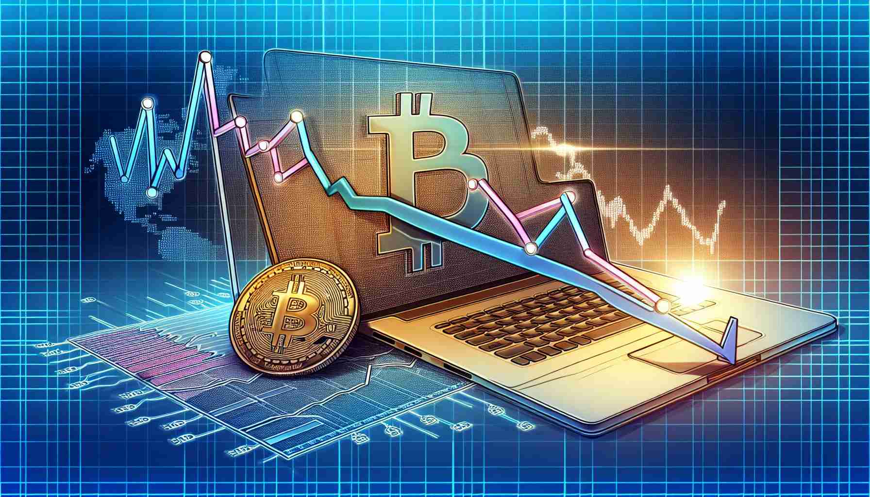 Generate a detailed high-definition illustration that visualizes the curious phenomenon of Bitcoin's transaction surge contrasted with a decline in different addresses. Please depict a rising line graph to represent the surge in transactions, while a slightly fading or descending line graph on the same chart represents declining addresses. The chart should be in front of a backdrop symbolizing digital currency, such as a Bitcoin logo subtly incorporated into the background.