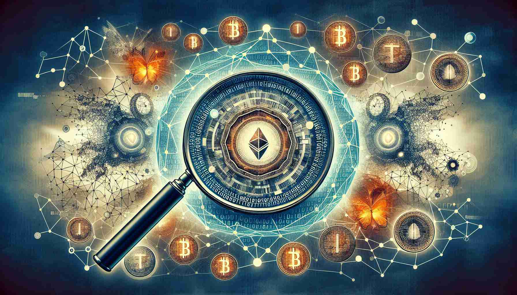 Generate a HD image depicting a symbolic representation of the transformative potential of asset tokenization. It could include digitally-inspired elements such as coins with binary code, a web of connections depicting a blockchain network, and artwork emphasizing transformation and digitization. The image should also show a magnifying glass symbolizing exploration and discovery in the crypto world.