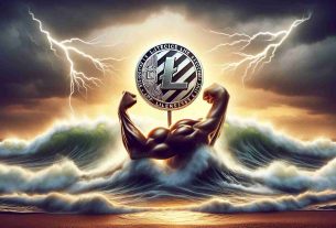 Generate a Realistic HD picture representing the concept of Litecoin exhibiting strength amidst market uncertainty. This may include an image of a Litecoin logo standing unwavering in the middle of a turbulent sea symbolizing market uncertainty or a muscular arm flexing with the Litecoin logo on it