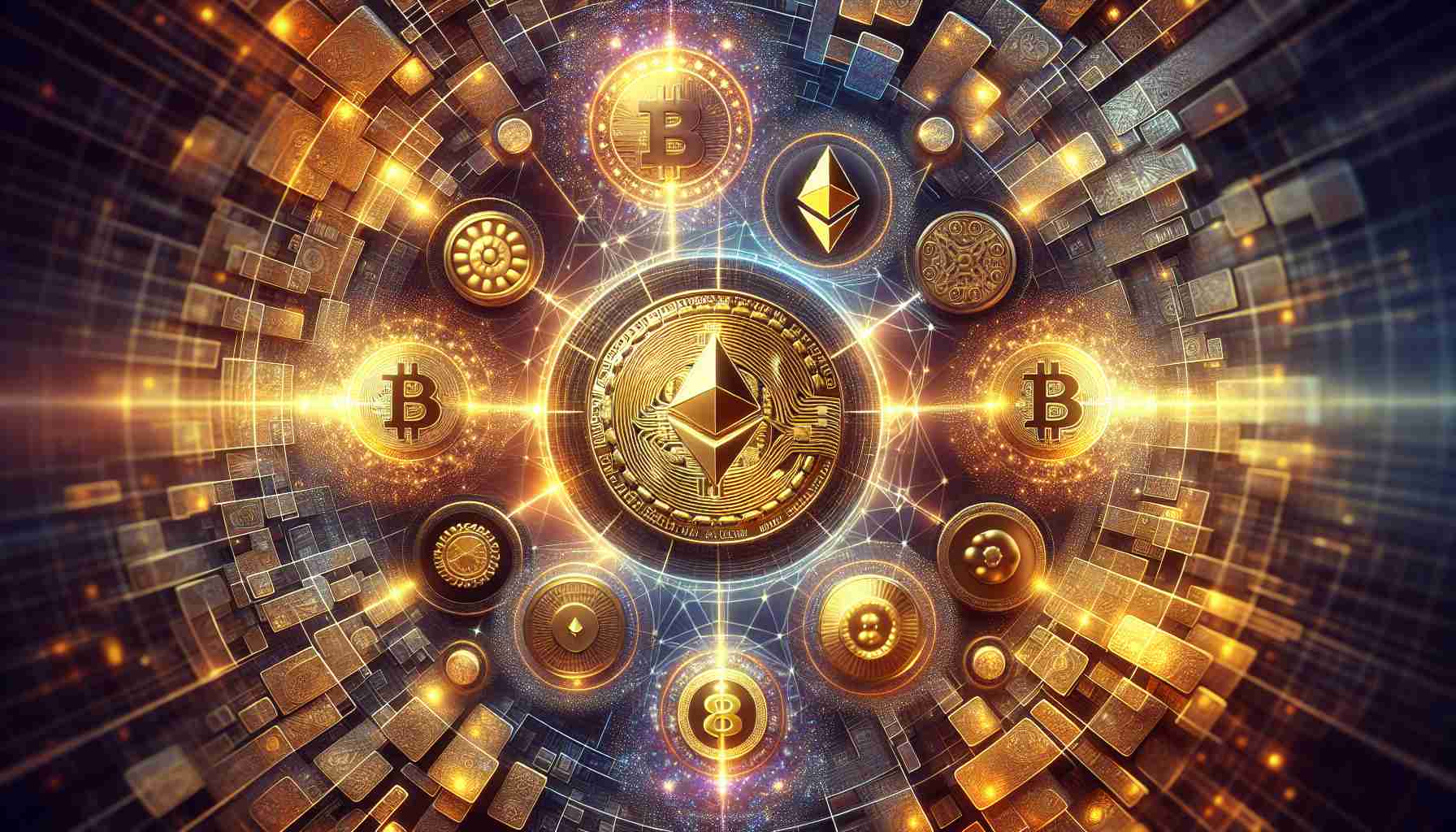 Generate a hyper-realistic, high definition image representing a conceptual exploration of the digital currency landscape. This should include symbols of Bitcoin being paralleled with gold and showing the inherent value of cryptocurrency. Also, create a visual representation of Ethereum's functionality, showcasing its utility in the digital world. Note: The image represents abstract concepts and should not include any specific logos or brand identifiers.