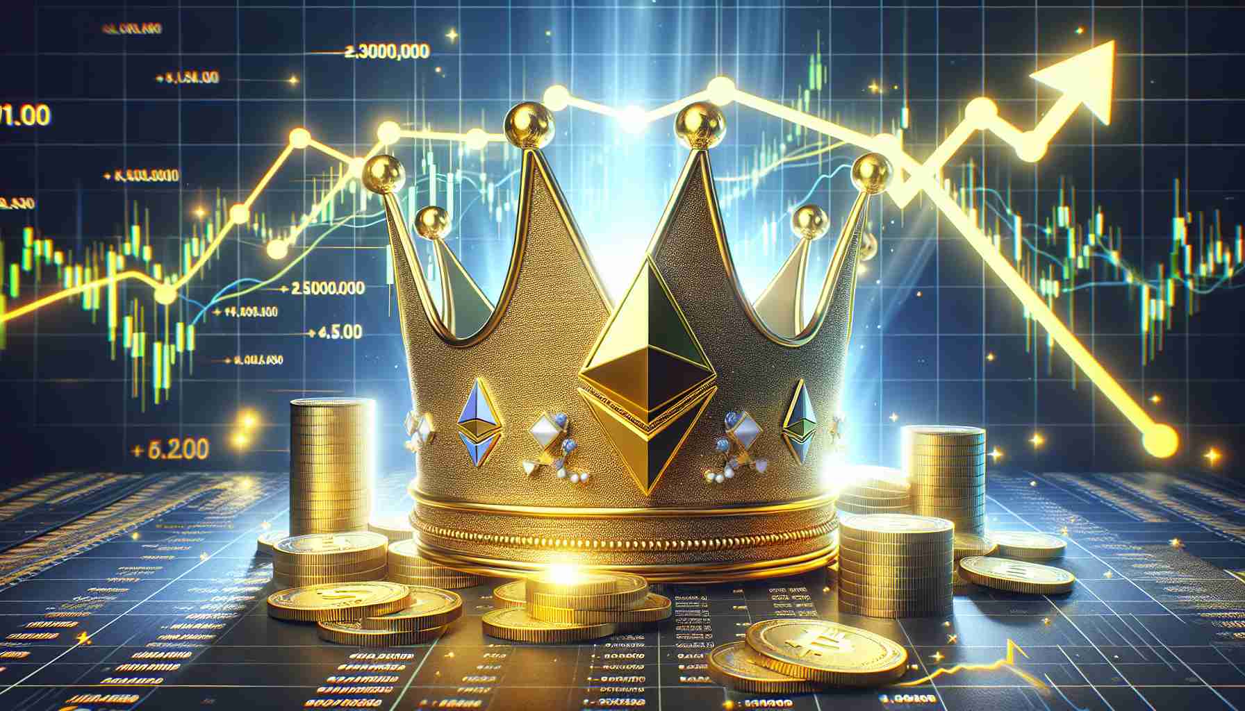 Render a detailed and realistic high-definition image that symbolizes the concept of the cryptocurrency Ethereum reclaiming its crown in the NFT (Non-Fungible Token) market due to a positive market shift. It can be a golden crown decorated with the Ethereum logo, surrounded by up-trending graphs and charts, emitted in a bright, positive light. The overall mood of the image is optimistic, representing market progress and triumphs.