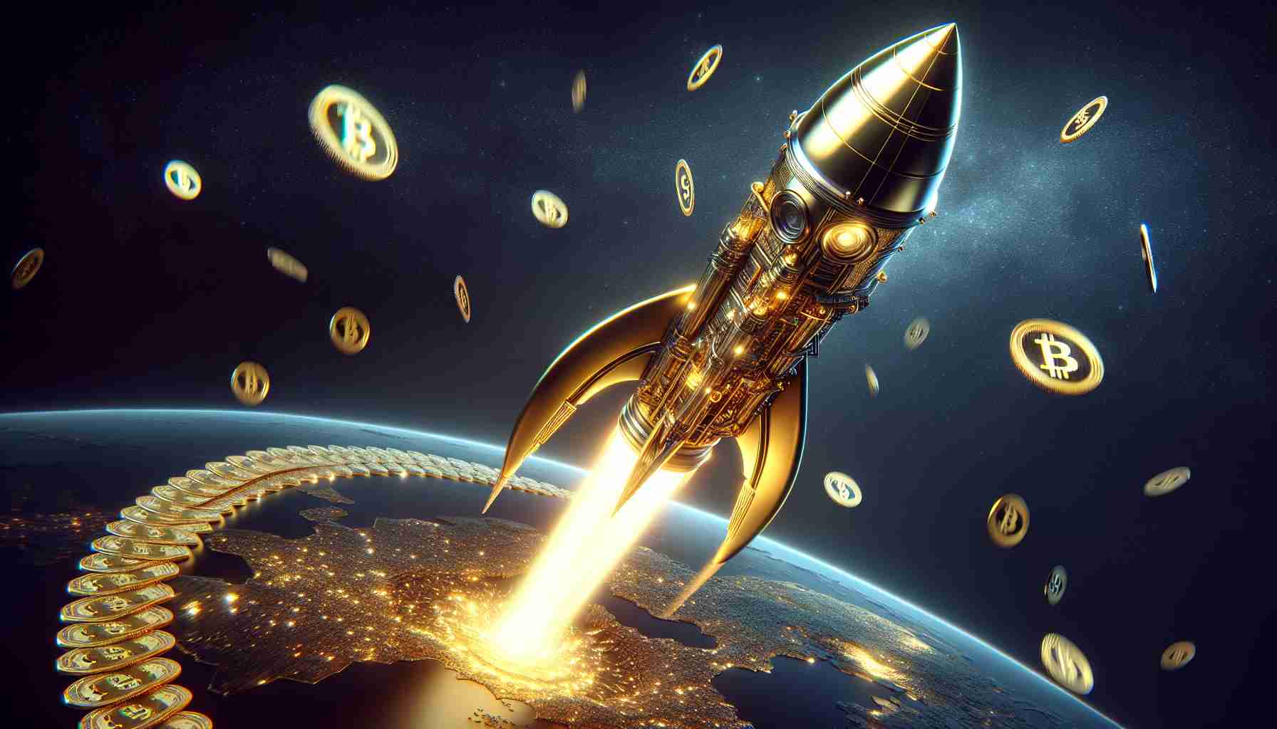 Detailed image of a fictional scenario, representing a company called 'Tether' launching a metaphorical rocket named 'Alloy', symbolizing a new initiative. This rocket is uniquely designed, infused with golden hues and features, indicative of its gold-backed nature. It is propelling upwards in the night sky leaving a trail of synthetic dollars in its wake. The whole scene casts in a realistic and high-definition quality.