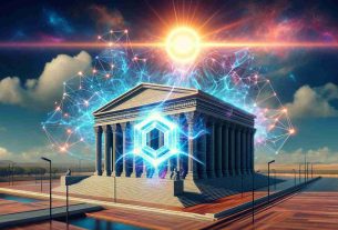 Create a realistic, high-definition metaphoric image that represents the triumph of a subsidiary company that specializes in quantum blockchain technology in an appeal. The image can depict a symbolic courthouse with quantum patterns overlaying the building, representing the technology. In the sky, a vividly radiant sun representing the triumph is rising. The logo of the subsidiary company can be abstract and positioned prominently in the scene. Please ensure that all elements look realistic and the entire image has a high definition quality.