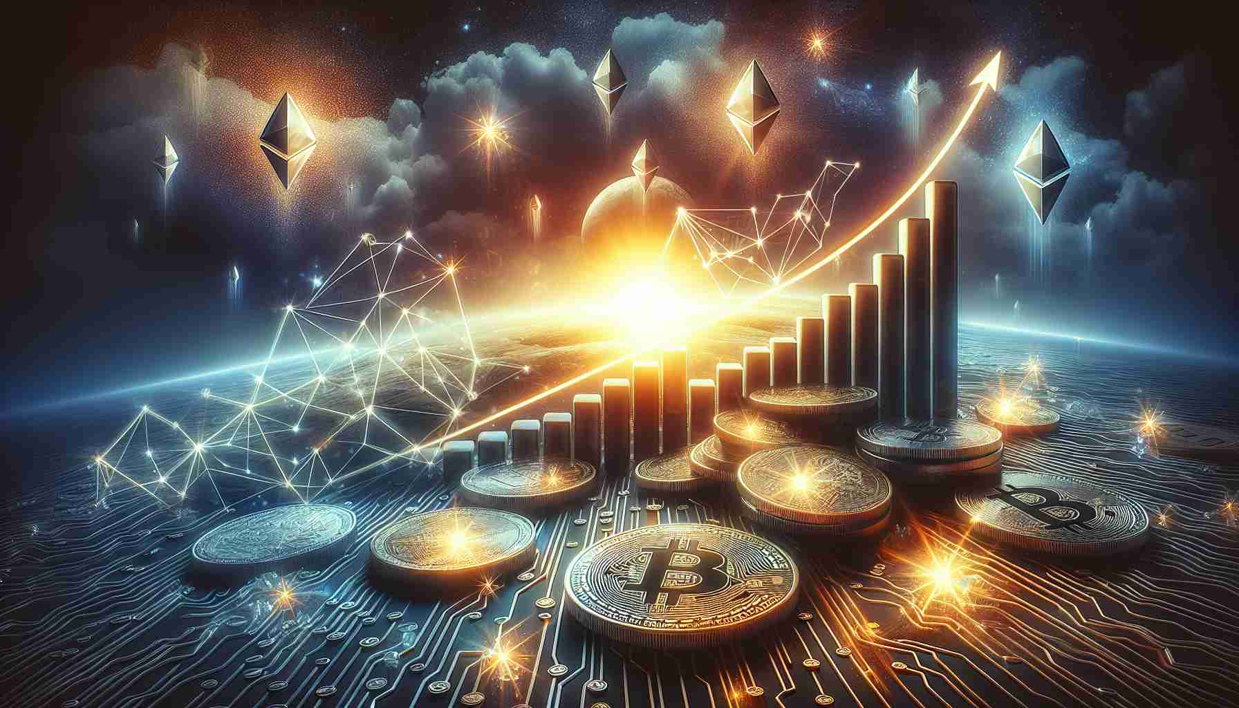 Create a detailed and realistic image illustrating the concept of emerging investment prospects in mid-cap cryptocurrencies. The design should clearly show the abstract concept of growth, potential, and prosperity coming to life. Imagine charts trending upward, coins sparkling as they increase in value, and the warm glow of a sunrise symbolizing newfound opportunities. The visualized mid-cap cryptocurrencies could be represented by distinct, non-branded coins on a graph, demonstrating their ascension.