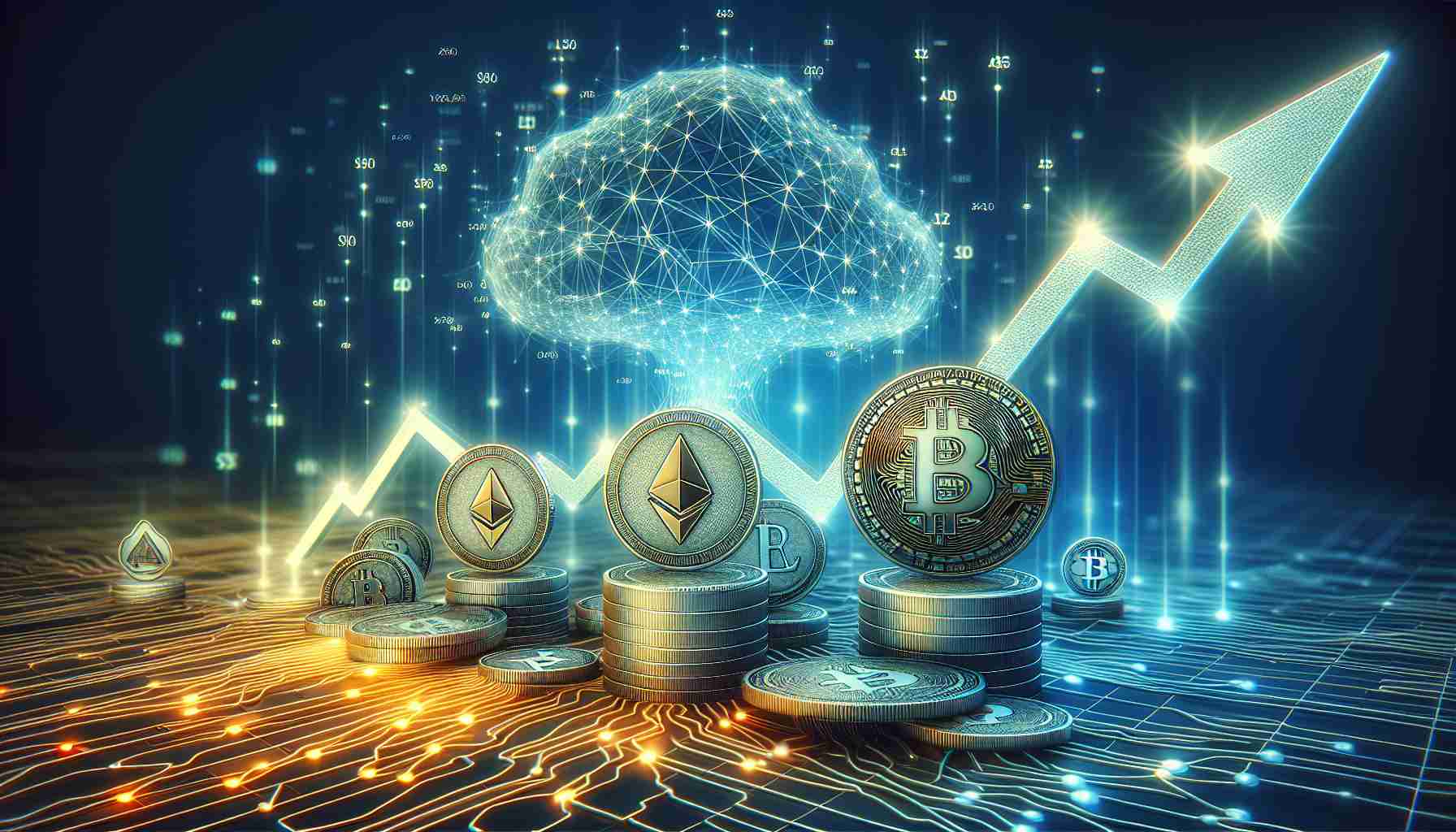 Generate a high-definition, realistic illustration that represents the rising value of cryptocurrencies. Please include symbols like coins engraved with traditional crypto symbols such as Bitcoin, Ethereum, and Litecoin, surging upwards on a graph to symbolize their increasing worth. Add a physically manifested, complex web-like structure in the background, which would represent the emergence of BlockDAG technology. Ensure that the image appears to be in motion to show the rapid changes in the crypto market.