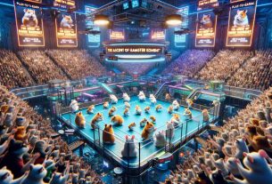 A realistic high-definition rendering of a thrilling competition titled 'The Ascent of Hamster Kombat'. The setting is a Play-to-Earn arena. The arena brims with high-tech equipment and digital assets. In the middle, multiple hamsters are engaged in a lighthearted kombat. They use various miniature weapons and display an array of complex strategies. The crowd, composed of various digital and human spectators, erupts in cheering and excitement. Overhead, neon signs depicting the name of the event add to the electrifying atmosphere.