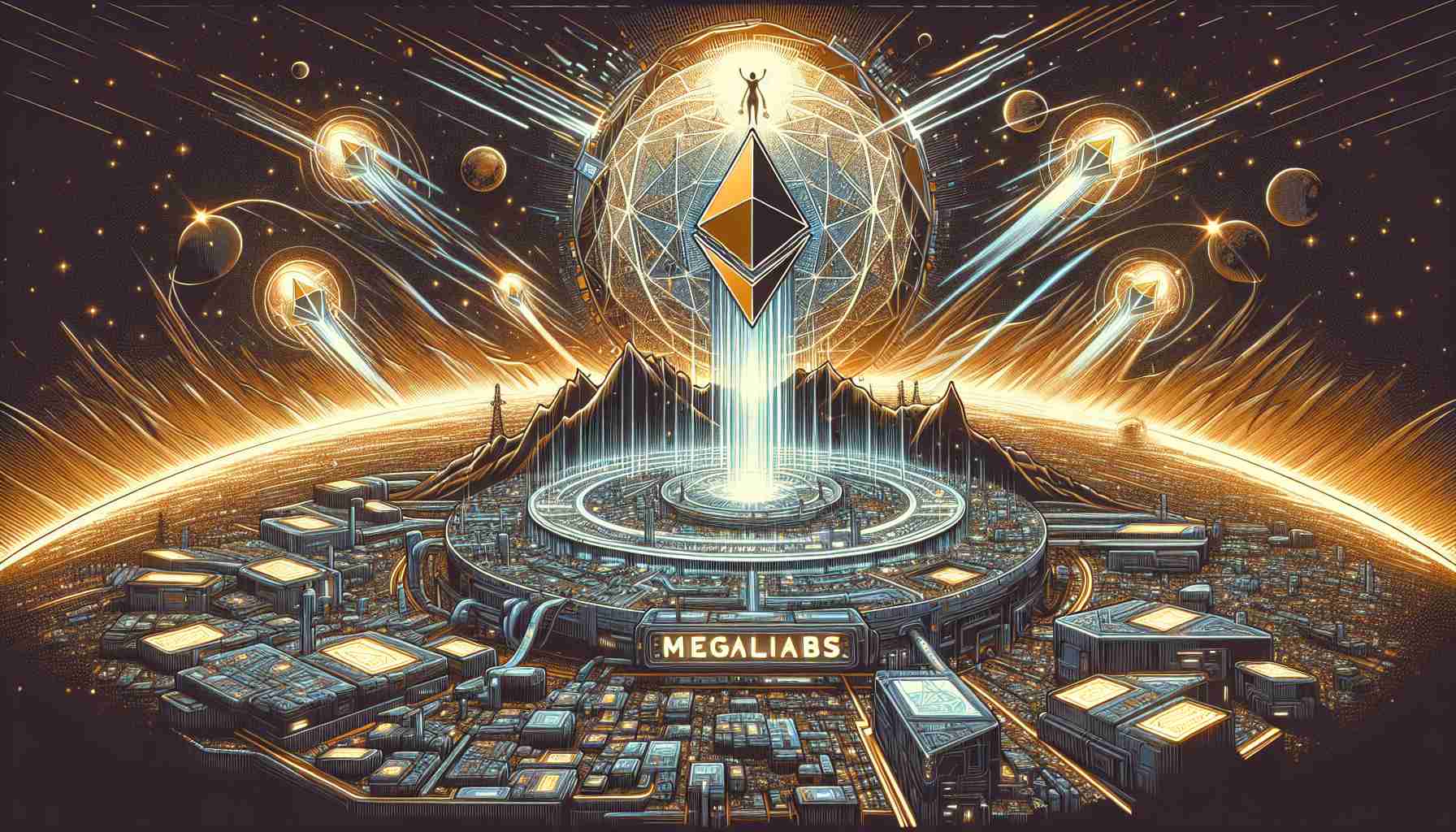 A detailed graphic illustration depicting the abstract concept of revolutionizing Ethereum. The image includes a symbolic representation of MegaLabs, perhaps a futuristic and vast high-tech facility or complex, signifying their significant capital raise of $20 million. It also ideally showcases seamless, lightning-fast, and superpowered blockchain transactions indicating their innovative approach to blockchain technology. The overall visual design would convey a sense of advancement and grandeur in the world of blockchain and cryptocurrency. Note: this scene should not be biased towards any gender or particular descent.