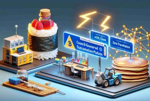 Realistic HD photo representing the concept of a decentralized financial platform introducing a council-governed lab, symbolized by a sushi roll with miniature lab equipment on it. Next to it, another platform, symbolized by a pancake, partners with a zero-gas transaction platform, represented by a Z-shaped lightning bolt, indicating fast and energy-efficient financial transactions.