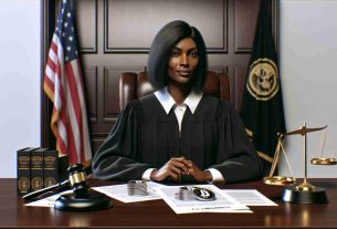 Realistic HD photo of a determined middle-aged, Black female judge with medium-length dark hair wearing a classic judge robe, seated behind a rich mahogany desk. On the desk, she has various legal documents including claims laid out by a financial regulatory body against a digital currency exchange. The exchange's logo (an abstract digital currency symbol) is visible on one of the documents. There is a backdrop of U.S. courtroom elements such as the flag, scales of justice, and the gavel beside her.