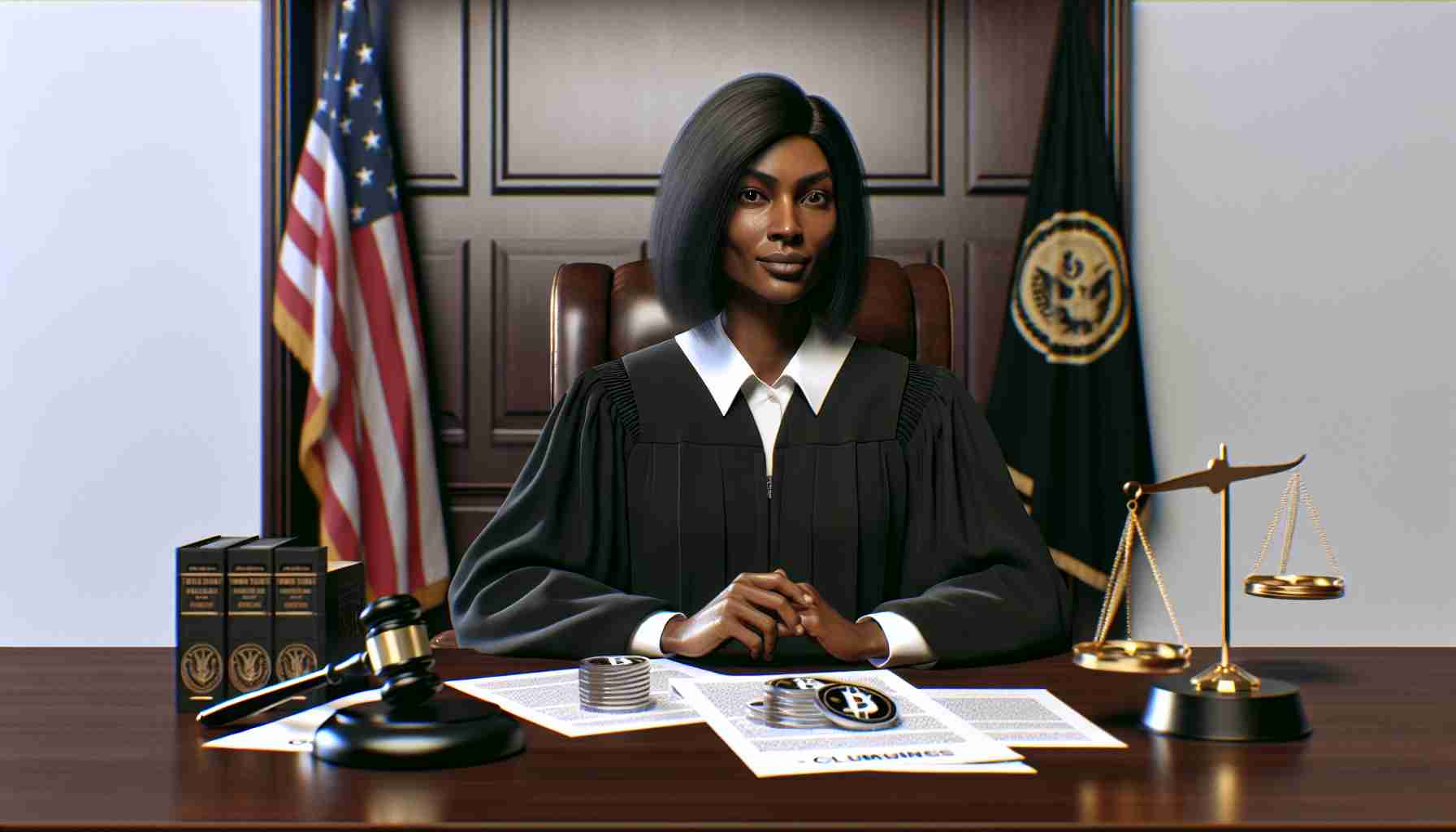 Realistic HD photo of a determined middle-aged, Black female judge with medium-length dark hair wearing a classic judge robe, seated behind a rich mahogany desk. On the desk, she has various legal documents including claims laid out by a financial regulatory body against a digital currency exchange. The exchange's logo (an abstract digital currency symbol) is visible on one of the documents. There is a backdrop of U.S. courtroom elements such as the flag, scales of justice, and the gavel beside her.