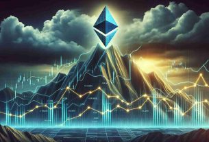 Create an image showcasing the ascent of Ethereum in the cryptocurrency market. This can be portrayed by a symbolic mountain top with a Ethereum logo at the peak. The mountain can be composed of digital data to depict the technology-driven nature of cryptocurrencies. Given the dramatic nature of the stock market, the sky can be filled with stormy clouds, accentuating the harsh environment of financial exchanges. To further illustrate this point, add fluctuating, dynamic lines at the base of the mountain, representing stock graphs and crypto value charts in high resolution.