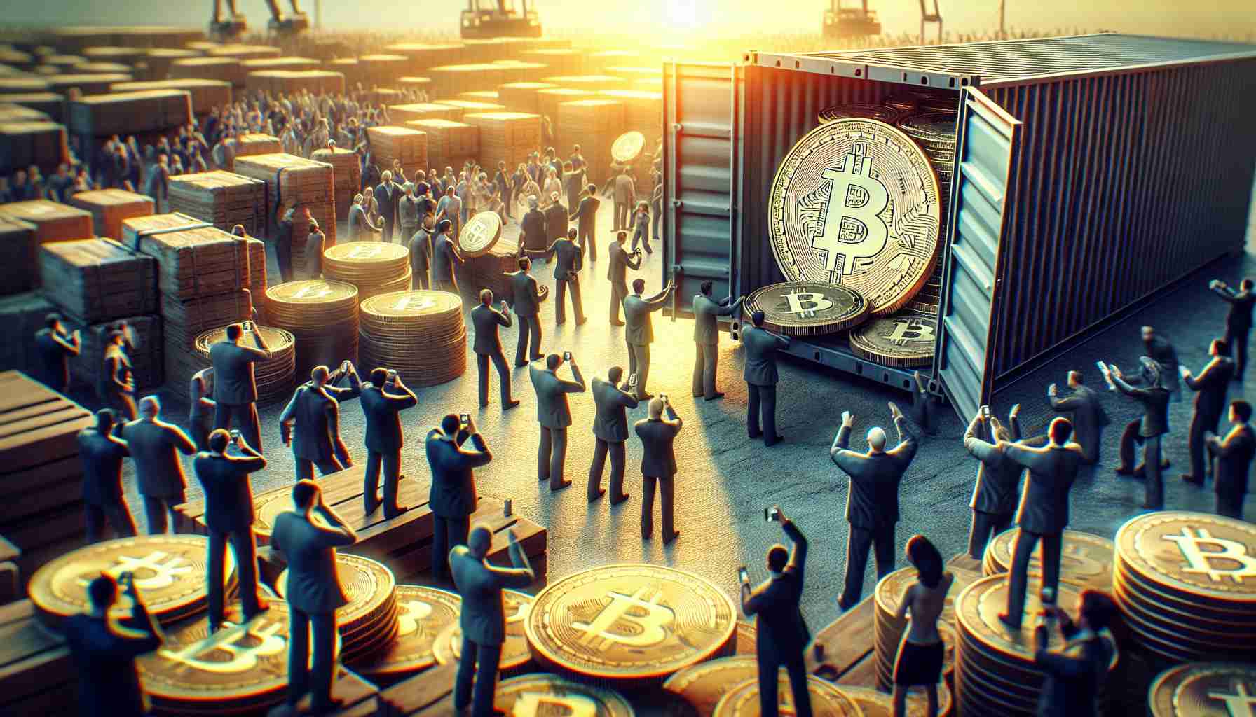 A high-definition, realistic image of physical bitcoins being unloaded from a container. The scene is abuzz with people and activity, suggesting a significant event that might trigger speculation in the cryptocurrency market. The atmosphere is fraught with high anticipation and excitement. Please note, the physical bitcoins are used as a symbol to depict the 'unloading' event, and the 'U.S. Government' refers to an unnamed generic government organization, not a specific entity or figure.