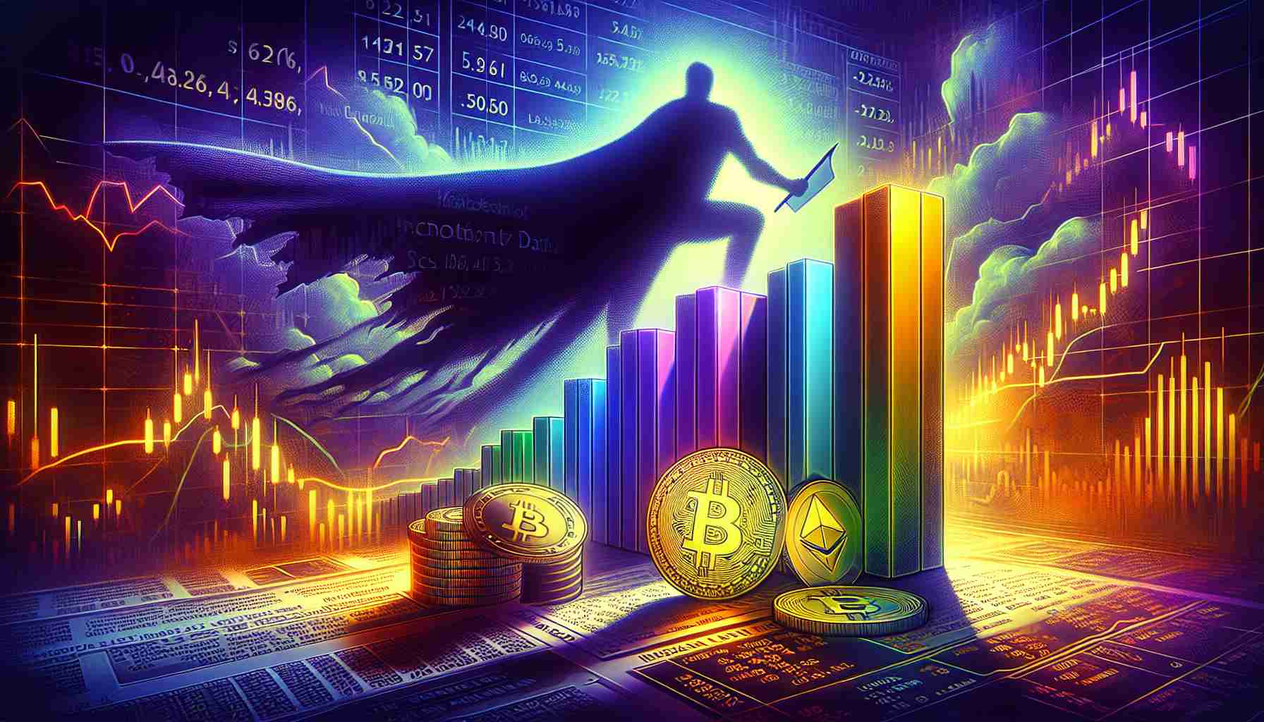 An ultra high-definition, realistic illustration showcasing the tension in the cryptocurrency markets due to the upcoming release of U.S. inflation data. Portray a dynamic bar graph, with different cryptocurrencies like Bitcoin, Ethereum, Litecoin shown. These should be itself fluctuating, symbolising their unstable nature. Introduce a large, looming shadow of a document marked 'Inflation Data', casting uncertainty over the market. Colors should be dramatic and intense, reflecting the weighty anticipation in the atmosphere.