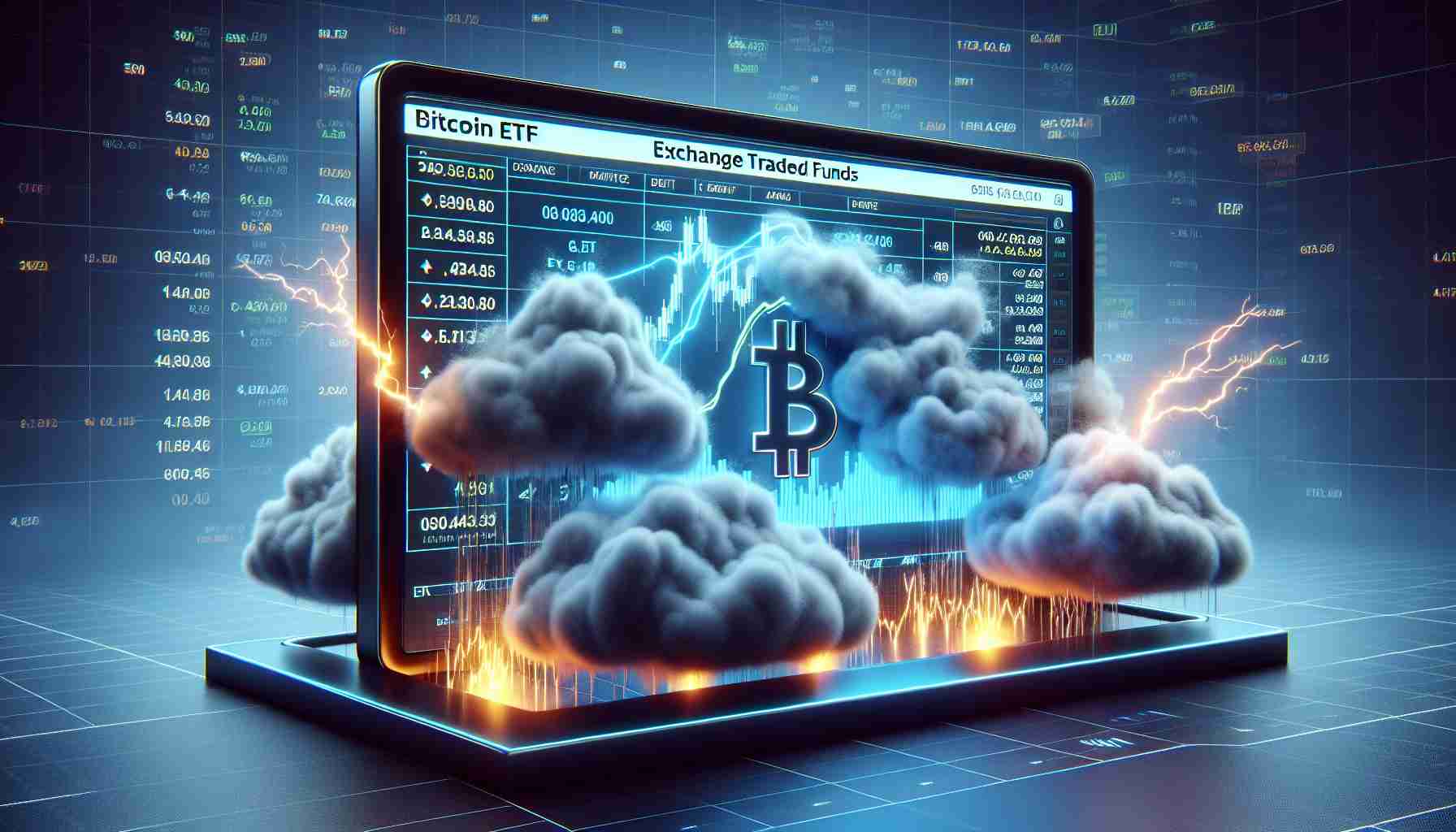 Render a realistic high-definition image of a metaphorical scene. Picture a stock market exchange screen displaying information for Bitcoin ETFs (Exchange Traded Funds). This scene is underlaid with heavy storm clouds to indicate volatility, with lightnings striking the screen, symbolizing price fluctuations. Keep the design modern and digital, with statistics and graphs surrounding the screen.