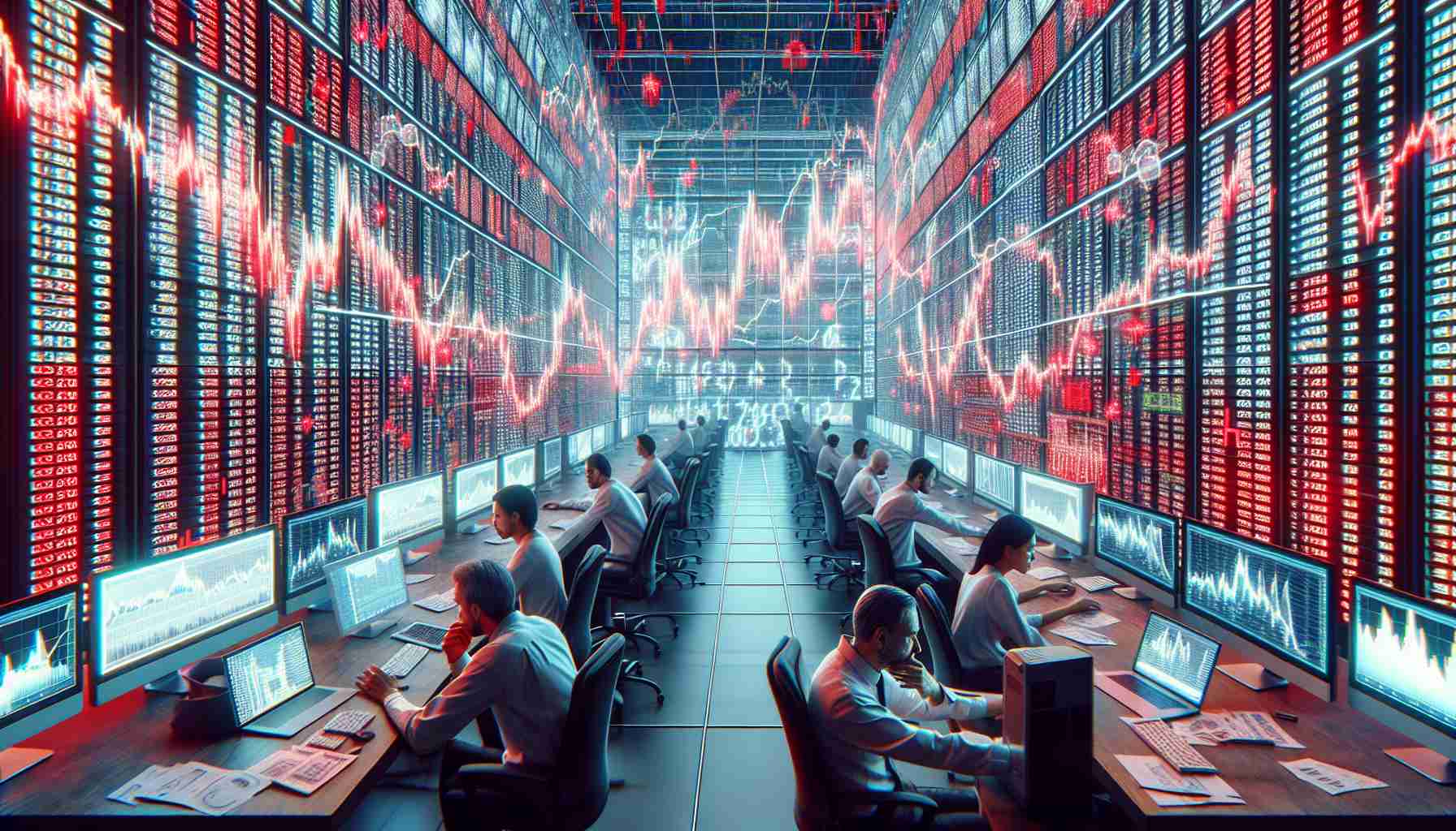 Generate a realistic HD image depicting the scenario of a significant pullback in the cryptocurrency market. This scene may include visuals such as an array of digital screens displaying dropping numbers and graphs, distressed expressions on the faces of Caucasian and South Asian male and female investors who are analyzing these sudden market changes, the high-tech ambiance of a trading floor with Supercomputer panels, and a background filled with financial charts plunging downward in bold red. Everything should be designed to suggest a volatile atmosphere of financial uncertainty.