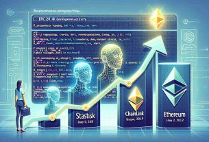 Generate a realistic, high-definition image representing the concept of Chainlink topping the ERC-20 development activity, with Status and Ethereum following close behind. Illustrate this using representations such as rising graphs, code snippets relevant to each platform, and digital imagery for Chainlink, Status, and Ethereum.